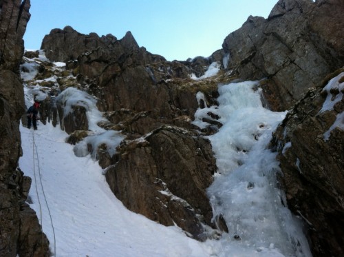 Jamie starting out on the direct finish to Window Gully, with the Upper Icefall variant visible on right hand side.