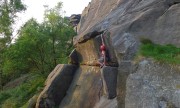 Catherine employing her unusual style on the block below the crux of Tody's Wall